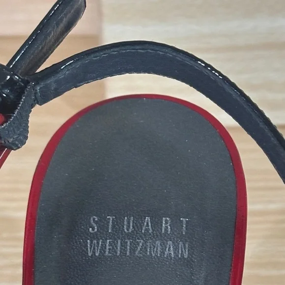 Stuart Weitzman Black Patent Leather Red Wedge Sandals Size 8.5M - Picture 3 of 12